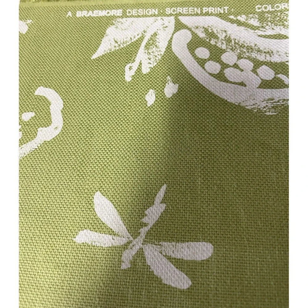 Braemore Textiles Linen Fabric Lime Green Floral Dragonfly Screen Print Drapery